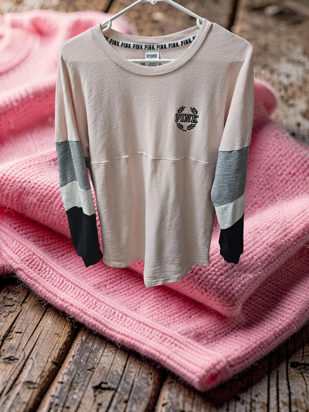 PINK Victoria's Secret Pale Pink Long Sleeve Top with Black Logo Trim
